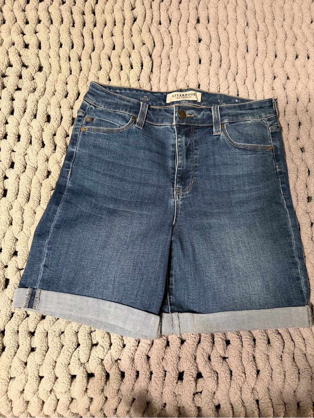 Liverpool Blue Denim Roll-Cuff Jean Shorts